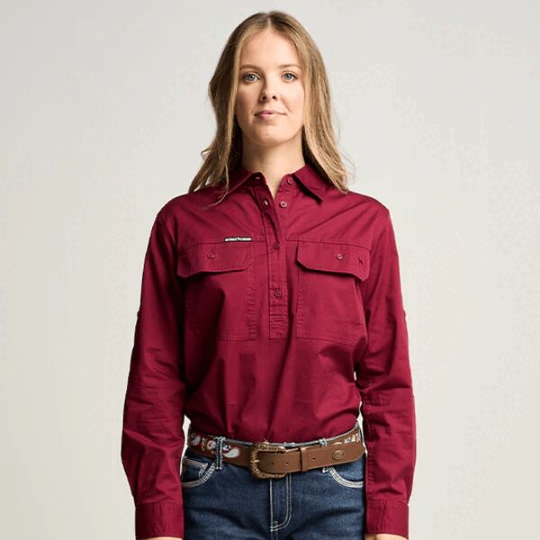 SOMERSET | Womens Half Button Long Sleeve Work Shirt - Burgundy Thumbnail